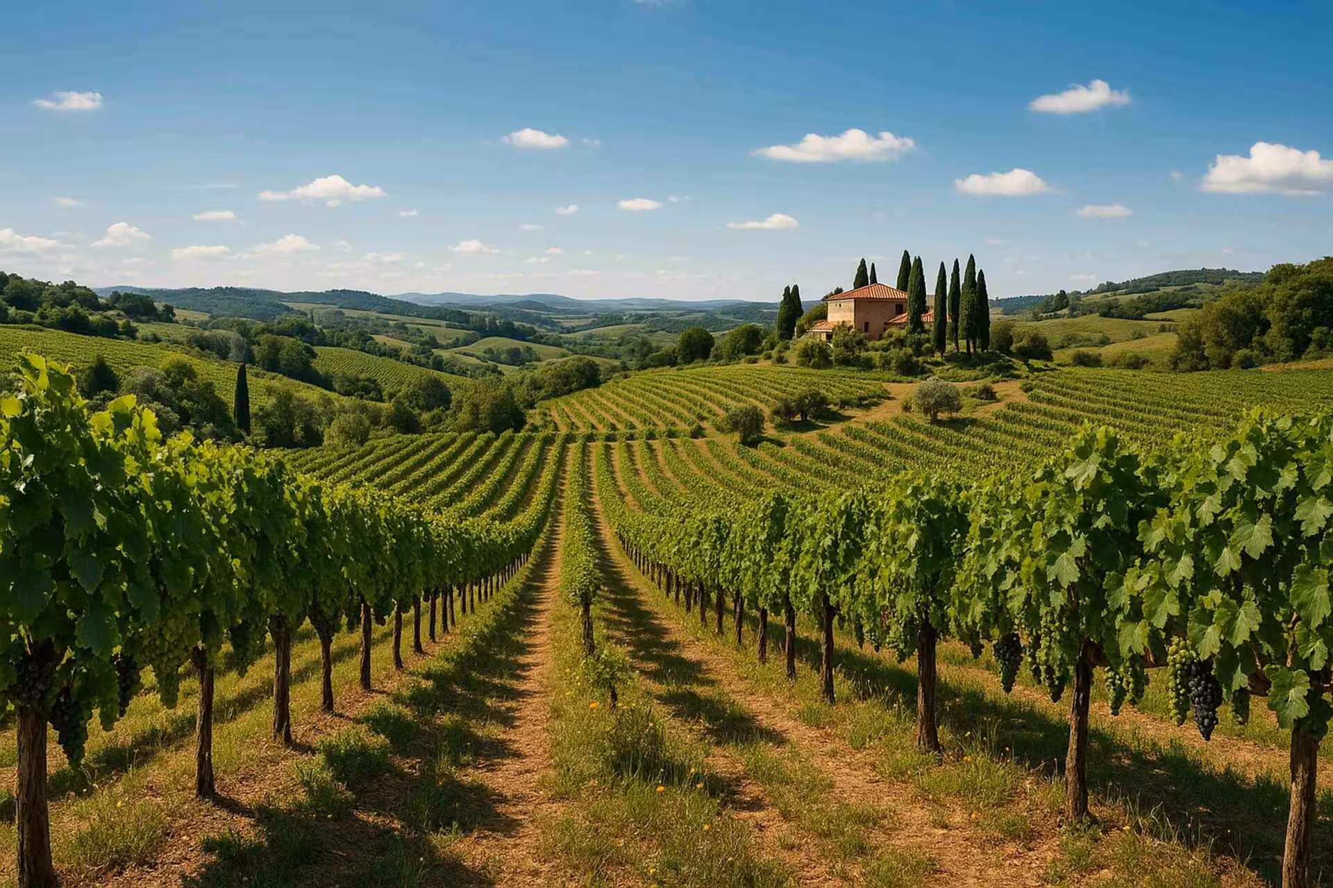 Vista prospettica di un vigneto che segue il profilo della collina.